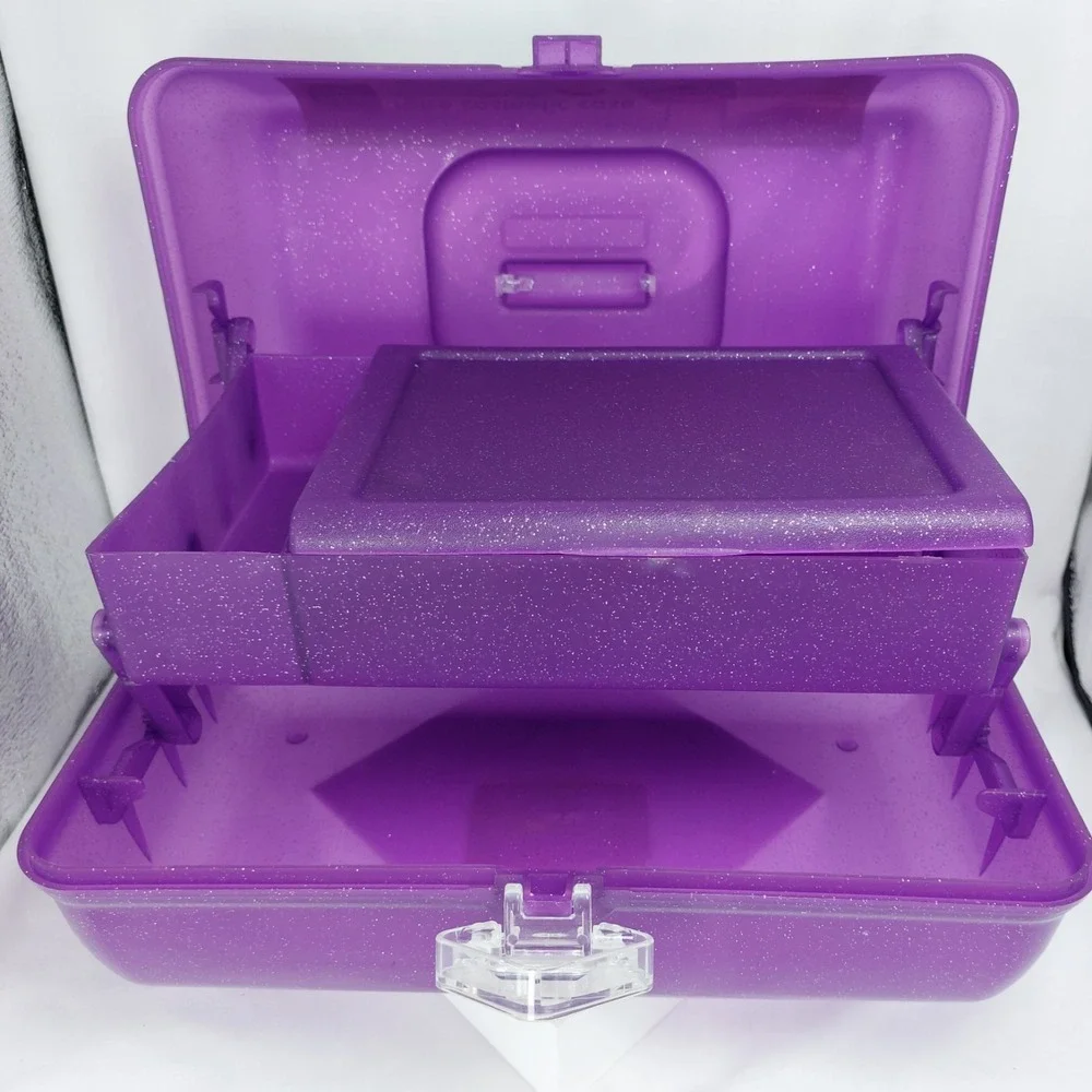 Easy Home Retro Cosmetic‎ Makeup Case Purple Glitter Mirror Removable Shelf